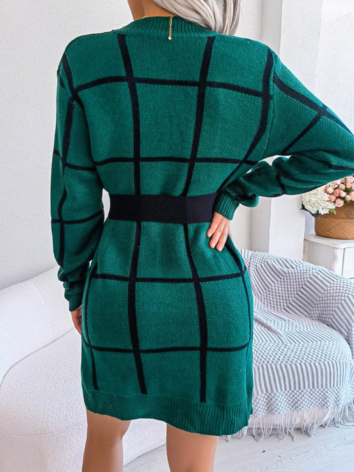 Plaid Round Neck Dropped Shoulder Sweater Dress for a perfect OOTD – dress to impress outfits from Amexza