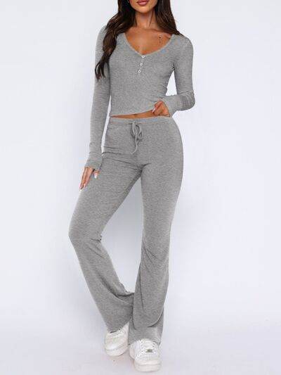 V-Neck Long Sleeve Top and Pants Set - Amexza