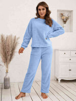 Ivy Lane Teddy Long Sleeve Top and Pants Lounge Set Light Blue for a perfect OOTD – dress to impress outfits from Amexza