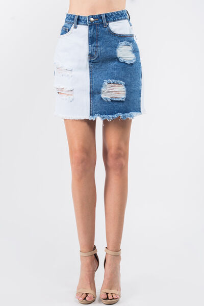 American Bazi Contrast Patched Frayed Denim Distressed Skirts Blue White for a perfect OOTD – dress to impress outfits from Amexza