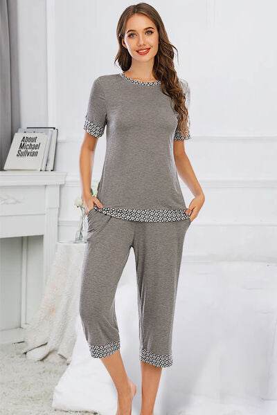 Round Neck Short Sleeve Top and Capris Pants Lounge Set Dark Gray for a perfect OOTD – dress to impress outfits from Amexza