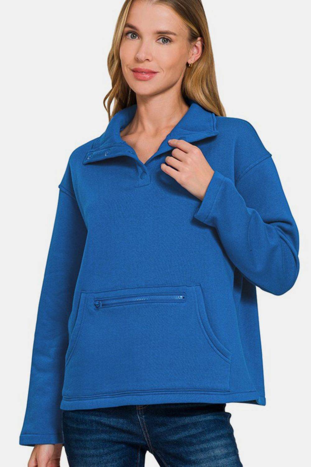 Zenana Turtleneck Half Snap Fleece Sweatshirt Royal Blue for a perfect OOTD – dress to impress outfits from Amexza