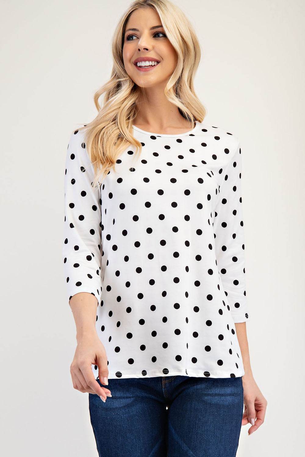 Celeste Full Size Polka Dot Round Neck Three-Quarter Sleeve T-Shirt for a perfect OOTD – dress to impress outfits from Amexza