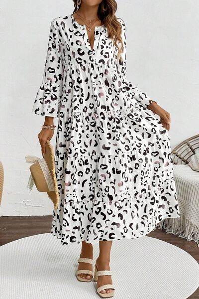 Leopard Notched Long Sleeve Dress White for a perfect OOTD – dress to impress outfits from Amexza