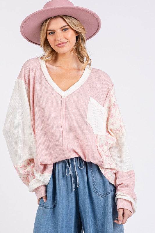 SAGE + FIG Floral Long Sleeve V-Neck Waffle Knit Top Blush Pink for a perfect OOTD – dress to impress outfits from Amexza