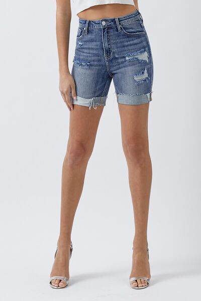 RISEN Full Size Distressed Rolled Denim Shorts with Pockets for a perfect OOTD – dress to impress outfits from Amexza