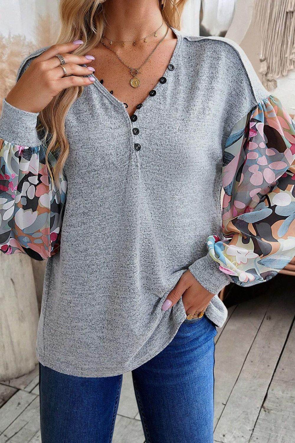 Printed Lantern Sleeve Buttoned V Neck Top - Amexza