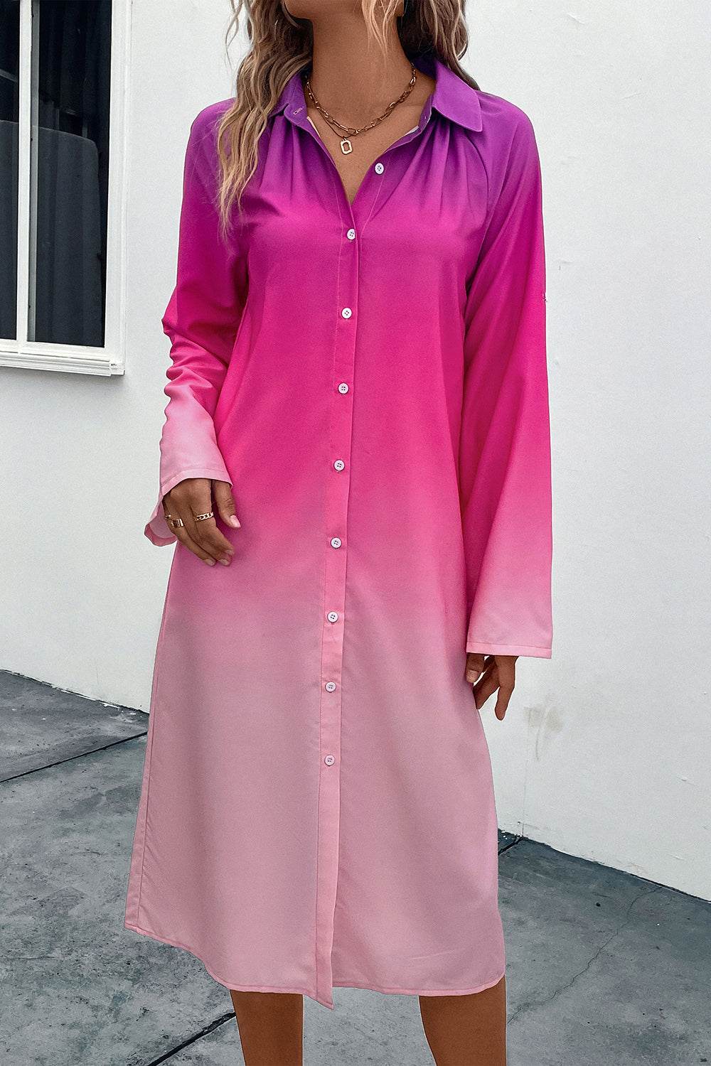 Perfee Gradient Long Sleeve Shirt Dress - Amexza
