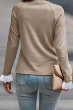 Lace Detail Round Neck Long Sleeve T-Shirt - Amexza