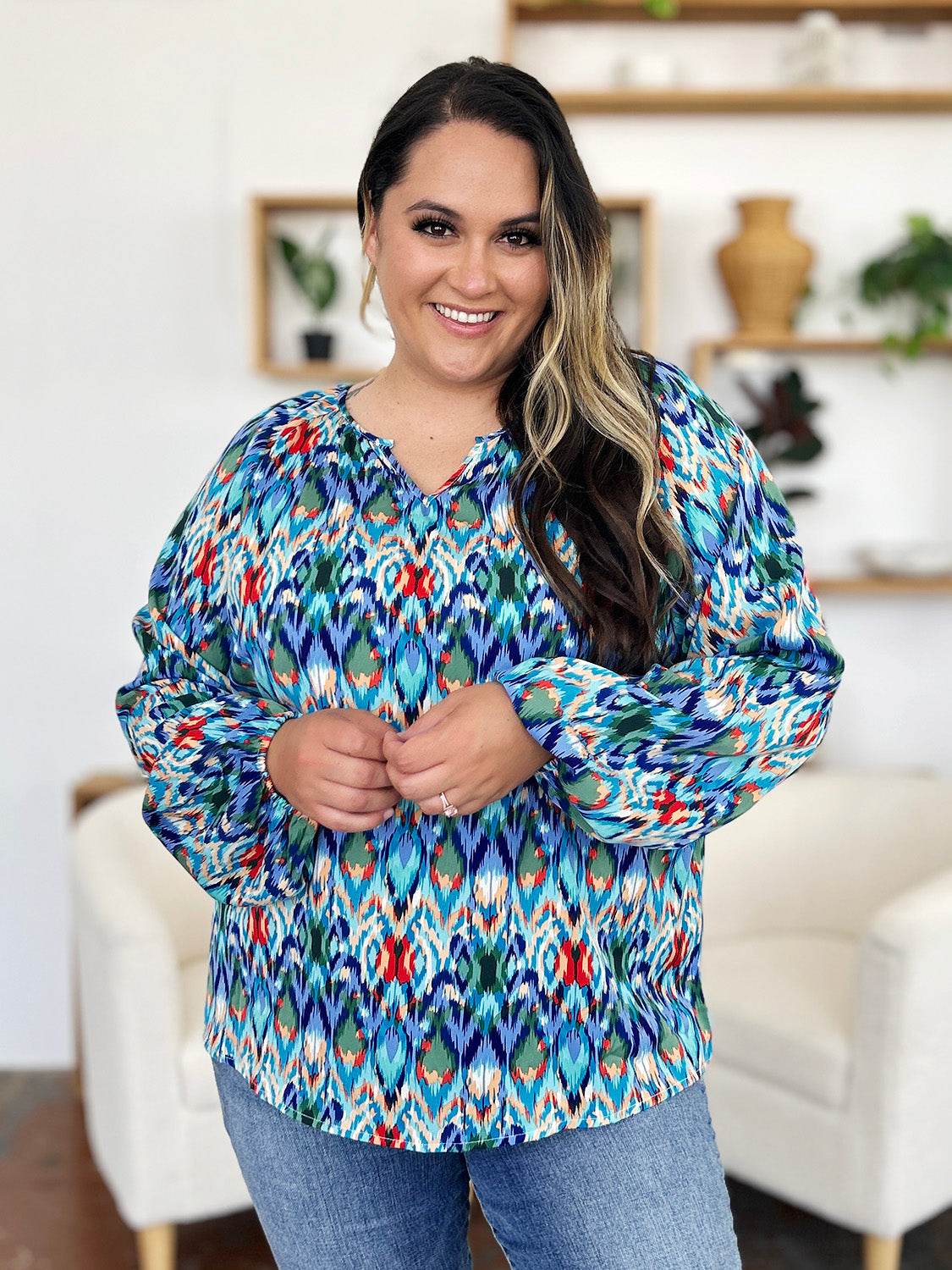 Double Take Full Size Printed Balloon Sleeve Blouse for a perfect OOTD – dress to impress outfits from Amexza