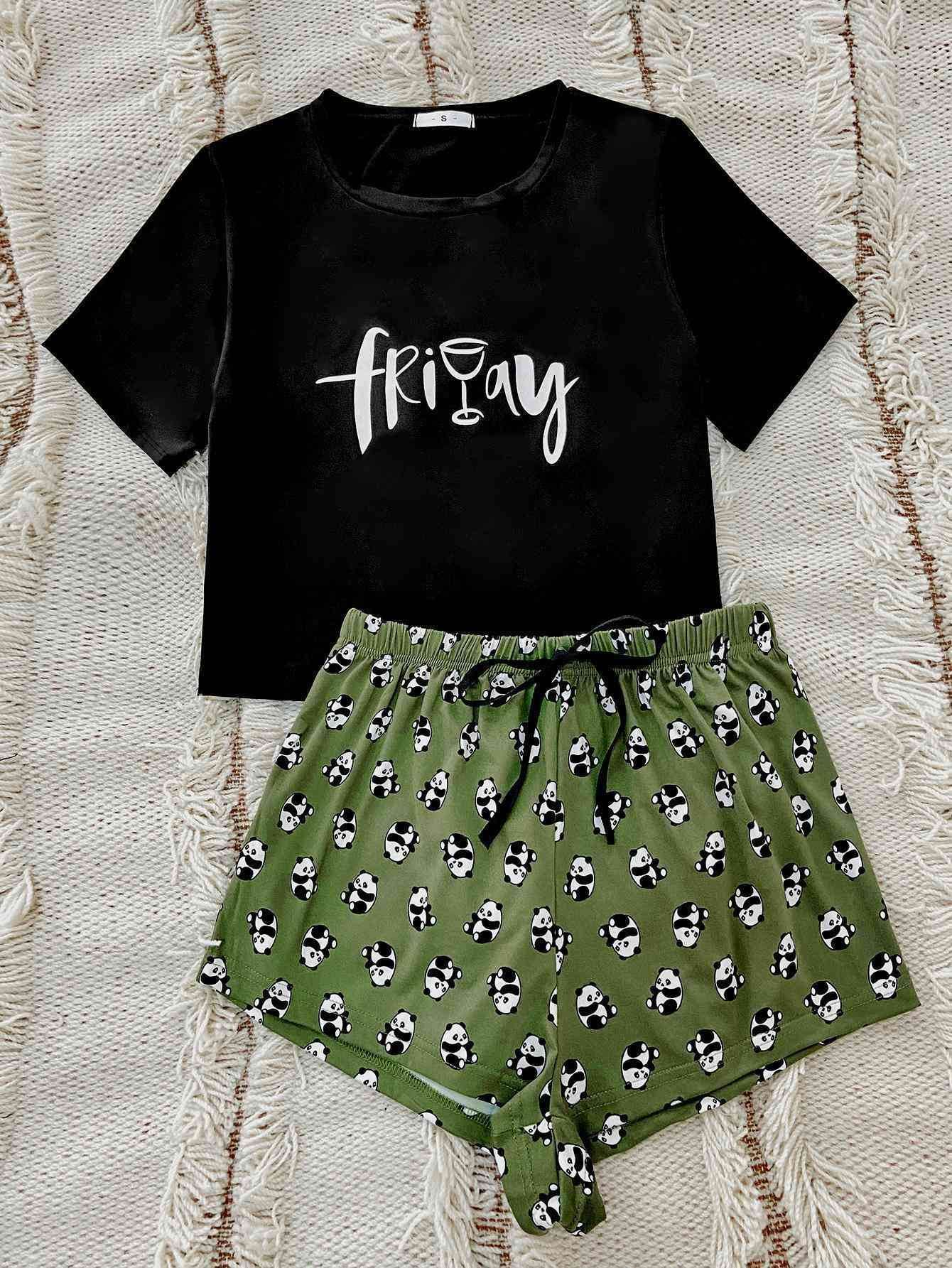 Graphic Tee and Panda Print Shorts Lounge Set Green for a perfect OOTD – dress to impress outfits from Amexza