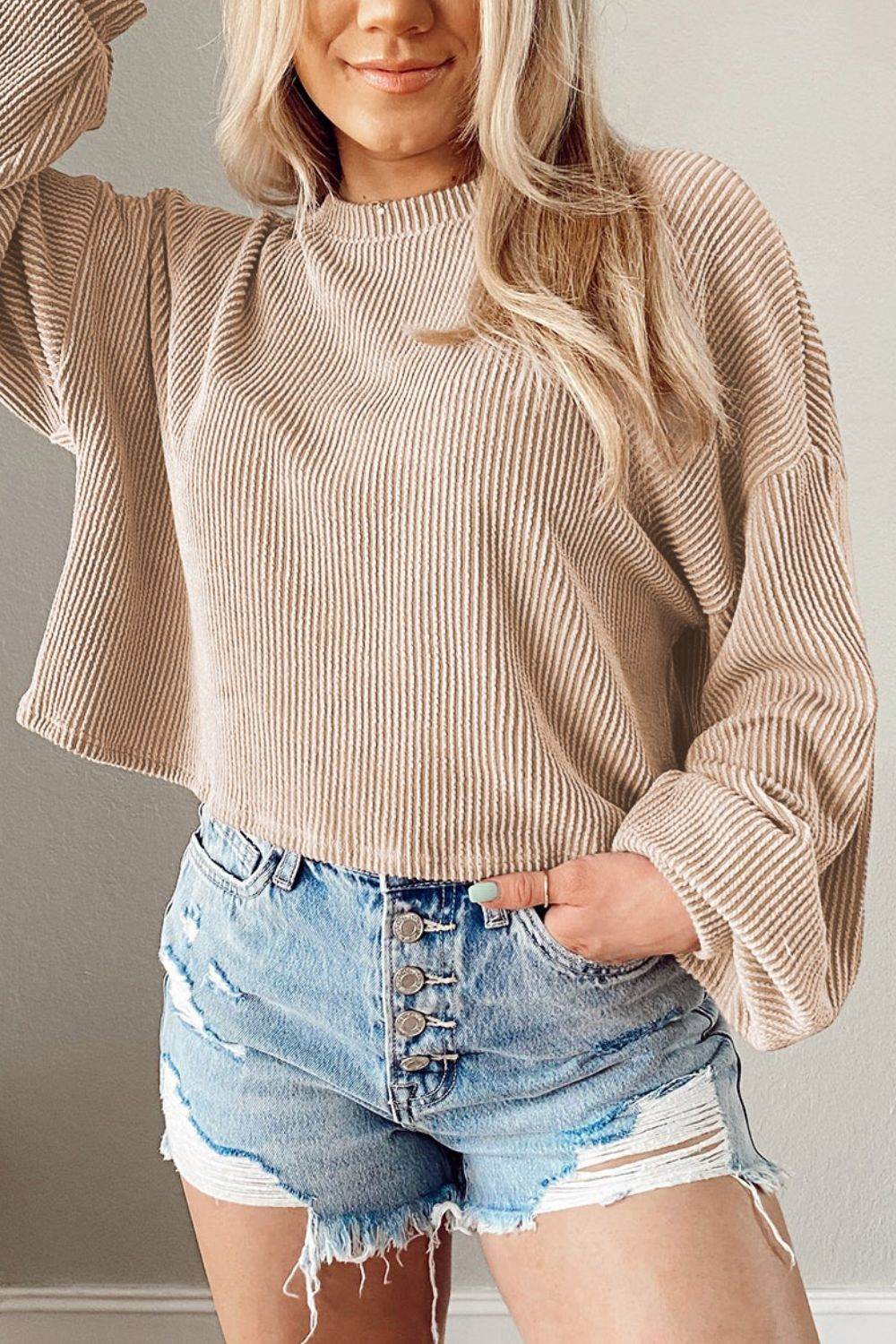Round Neck Drop Shoulder Long Sleeve Top - Amexza