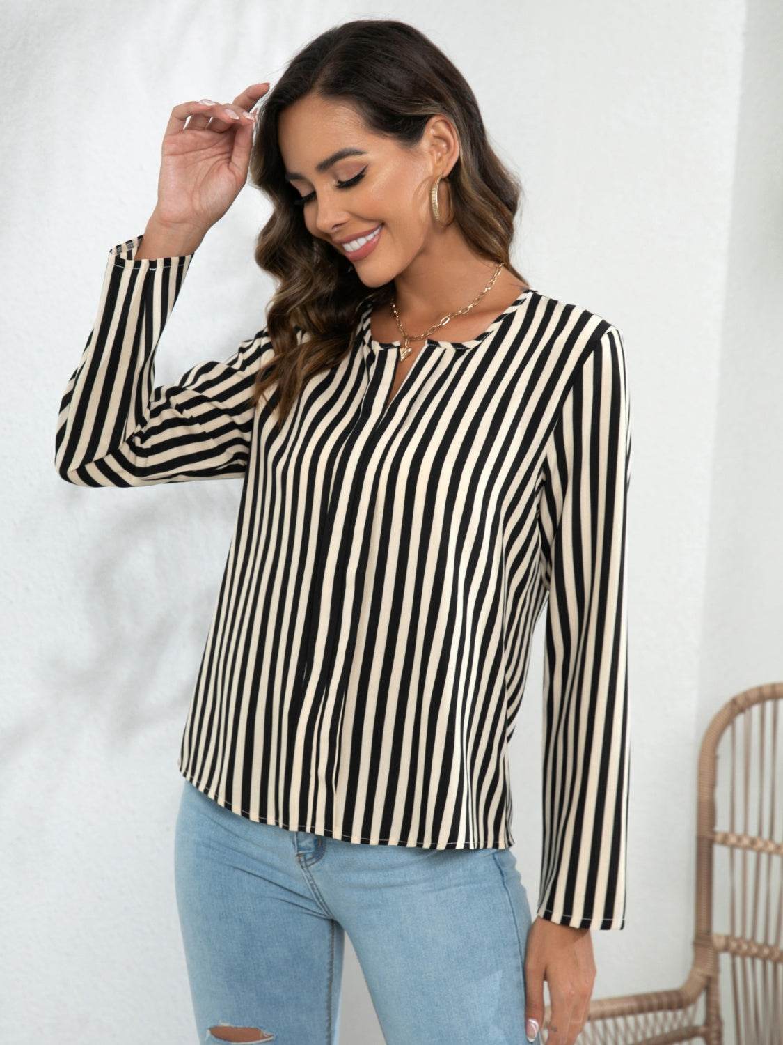 Striped Long Sleeve Notched Blouse Tan for a perfect OOTD – dress to impress outfits from Amexza