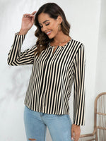 Striped Long Sleeve Notched Blouse - Amexza