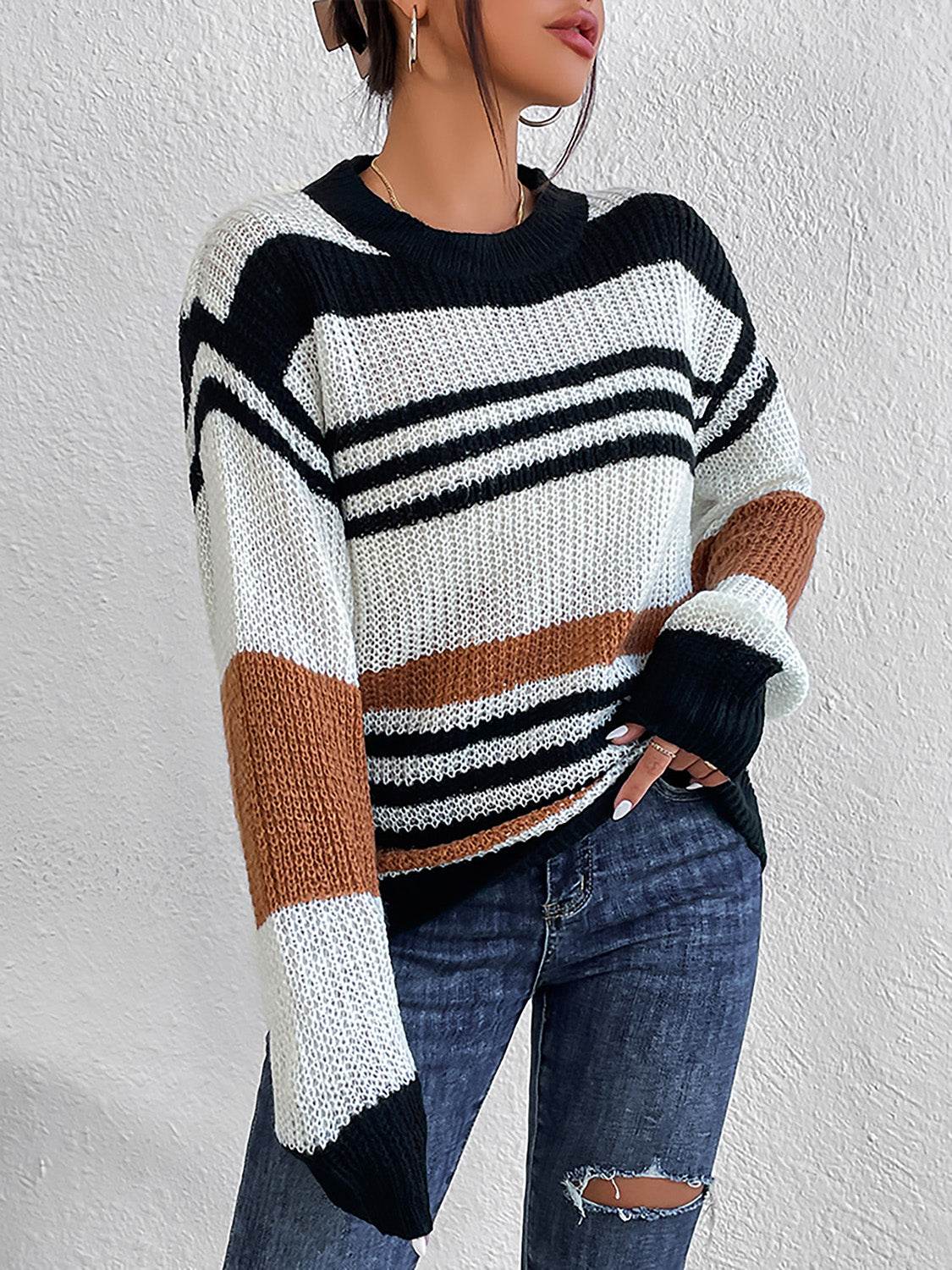 Striped Round Neck Sweater - Amexza