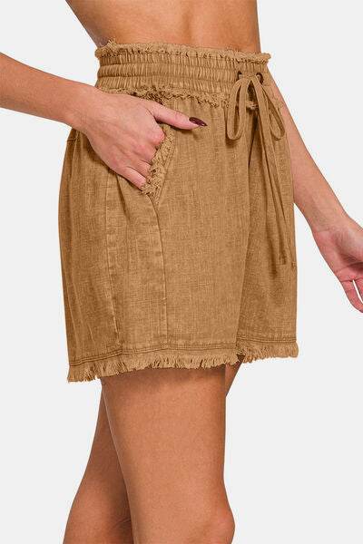 Zenana Washed Linen Frayed Hem Drawstring Shorts - Amexza