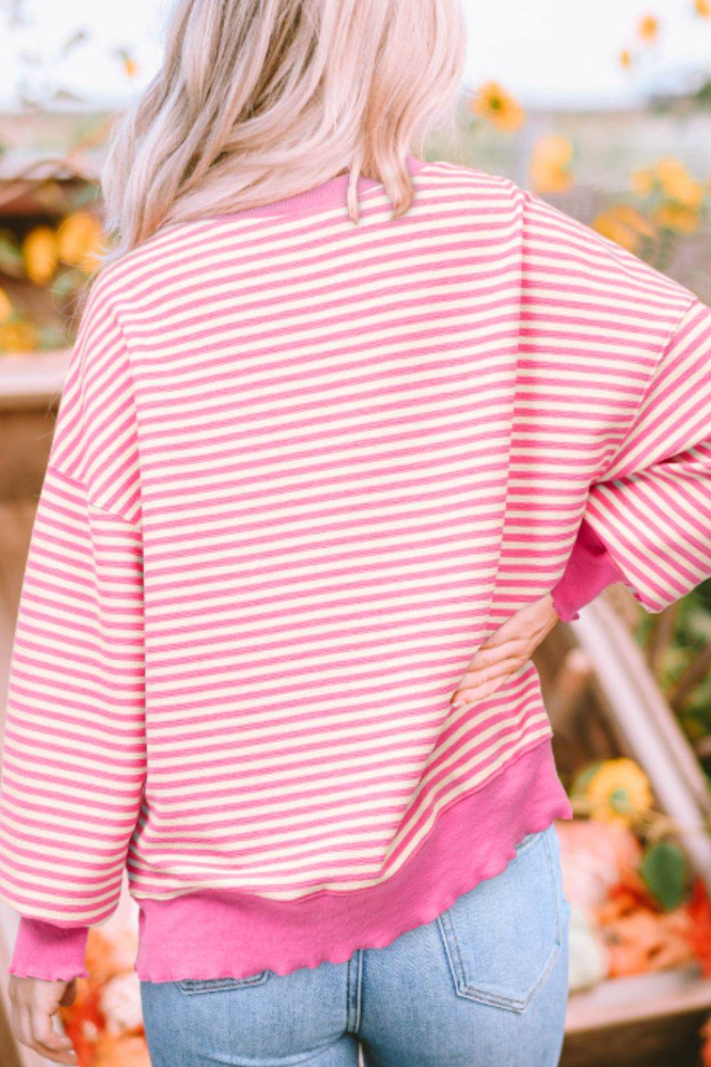 Striped Sequin Heart Round Neck Long Sleeve Sweatshirt for a perfect OOTD – dress to impress outfits from Amexza