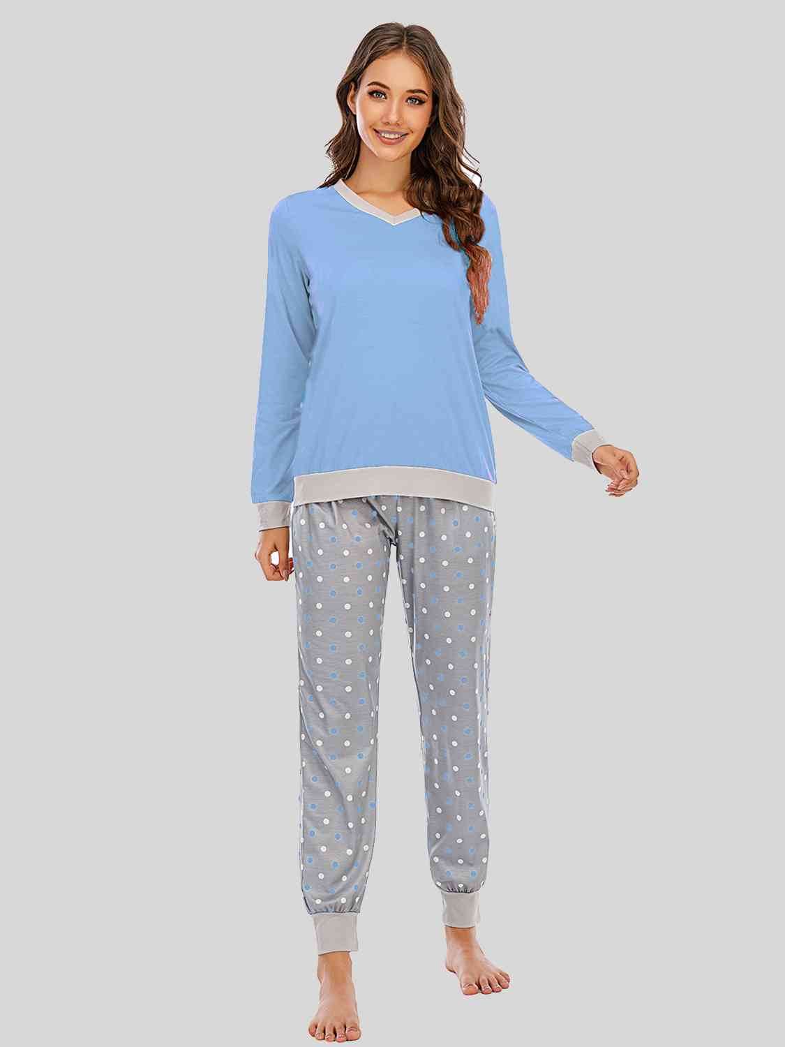 Long Sleeve Top and Polka Dot Pants Set Pastel Blue for a perfect OOTD – dress to impress outfits from Amexza