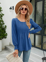 Smocked Round Neck Lantern Sleeve Blouse - Amexza