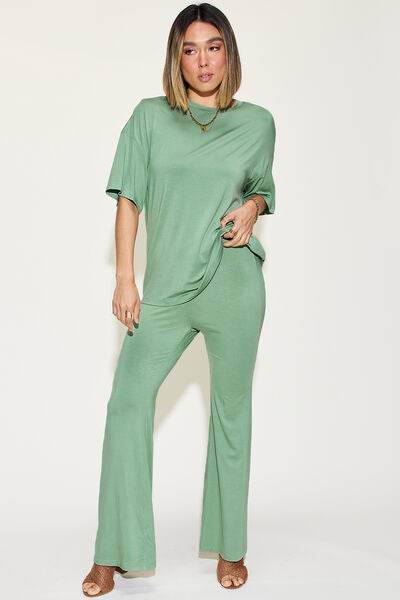 Basic Bae Full Size Bamboo Drop Shoulder T-Shirt and Flare Pants Set Sage for a perfect OOTD – dress to impress outfits from Amexza