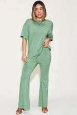 Basic Bae Full Size Bamboo Drop Shoulder T-Shirt and Flare Pants Set Sage for a perfect OOTD – dress to impress outfits from Amexza