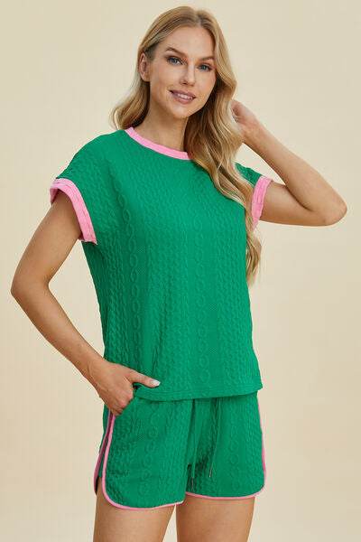 Double Take Full Size Texture Contrast T-Shirt and Shorts Set for a perfect OOTD – dress to impress outfits from Amexza