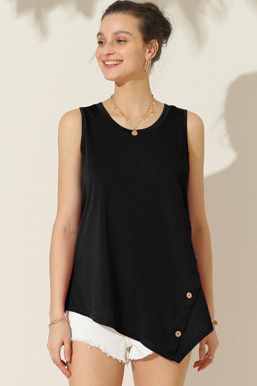 Ninexis Round Neck Button Side Tank Black for a perfect OOTD – dress to impress outfits from Amexza