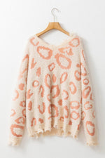 Distressed Trim Leopard V-Neck Sweater for a perfect OOTD – dress to impress outfits from Amexza