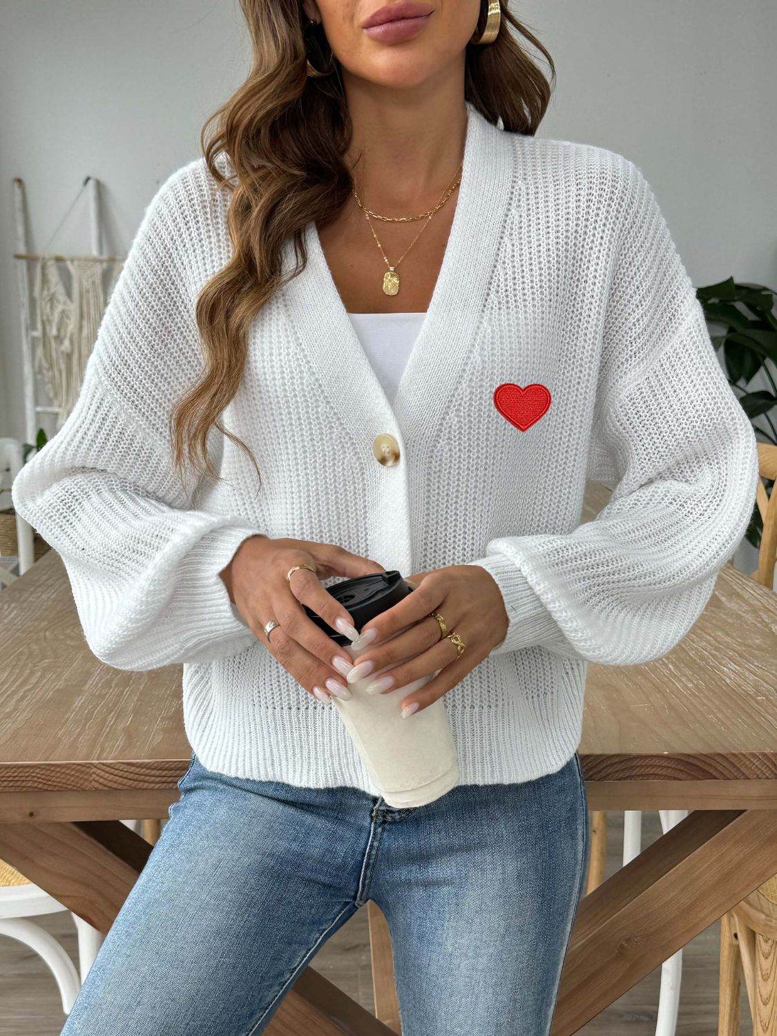 Heart Button Down V-Neck Long Sleeve Cardigan - Amexza