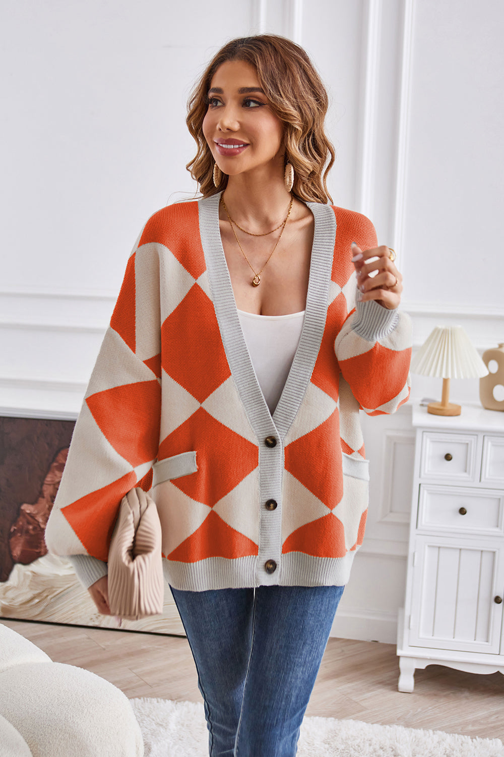 Geometric Lantern Sleeve Cardigan with Pockets for a perfect OOTD – dress to impress outfits from Amexza