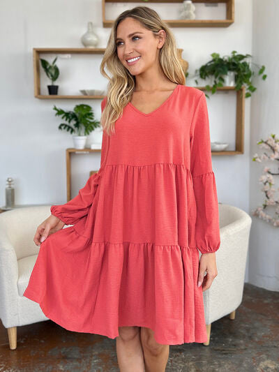 Double Take Full Size V-Neck Balloon Sleeve Tiered Dress with Pockets for a perfect OOTD – dress to impress outfits from Amexza