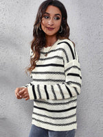 Striped Round Neck Dropped Shoulder Sweater for a perfect OOTD – dress to impress outfits from Amexza