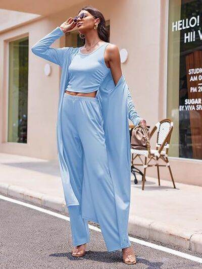 Drawstring Tank, Long Sleeve Cover Up and Pants Set Light Blue for a perfect OOTD – dress to impress outfits from Amexza