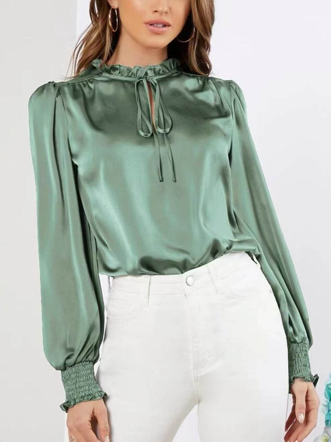 Frill Tied Lantern Sleeve Blouse Gum Leaf for a perfect OOTD – dress to impress outfits from Amexza