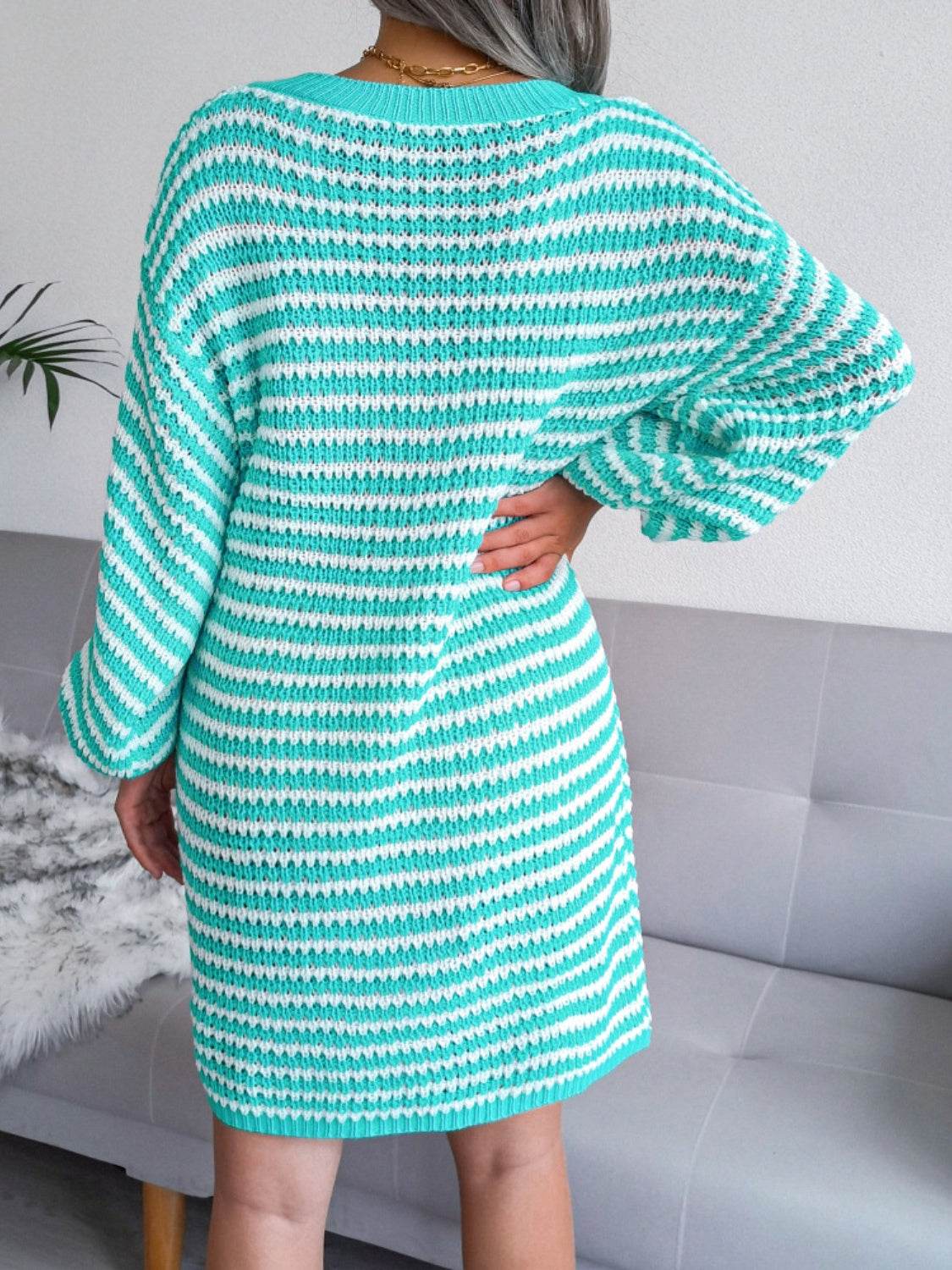 Striped V-Neck Long Sleeve Mini Sweater Dress for a perfect OOTD – dress to impress outfits from Amexza