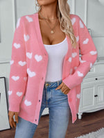 Heart V-Neck Button Up Long Sleeve Cardigan - Amexza