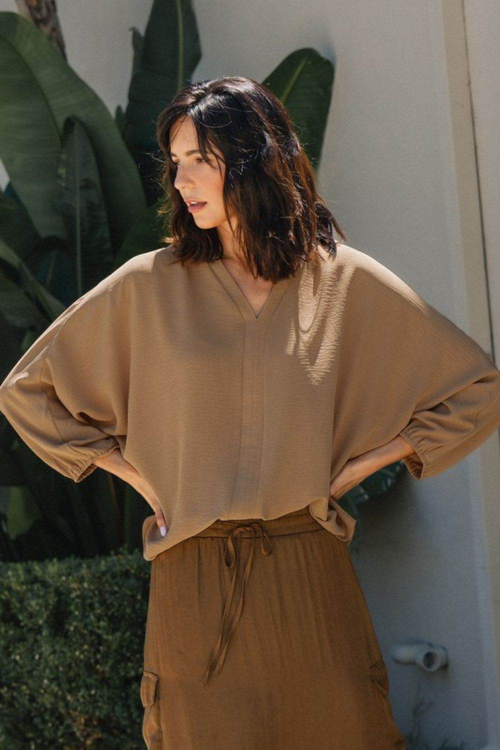 Annie Wear Notched Batwing Sleeve Blouse Camel for a perfect OOTD – dress to impress outfits from Amexza