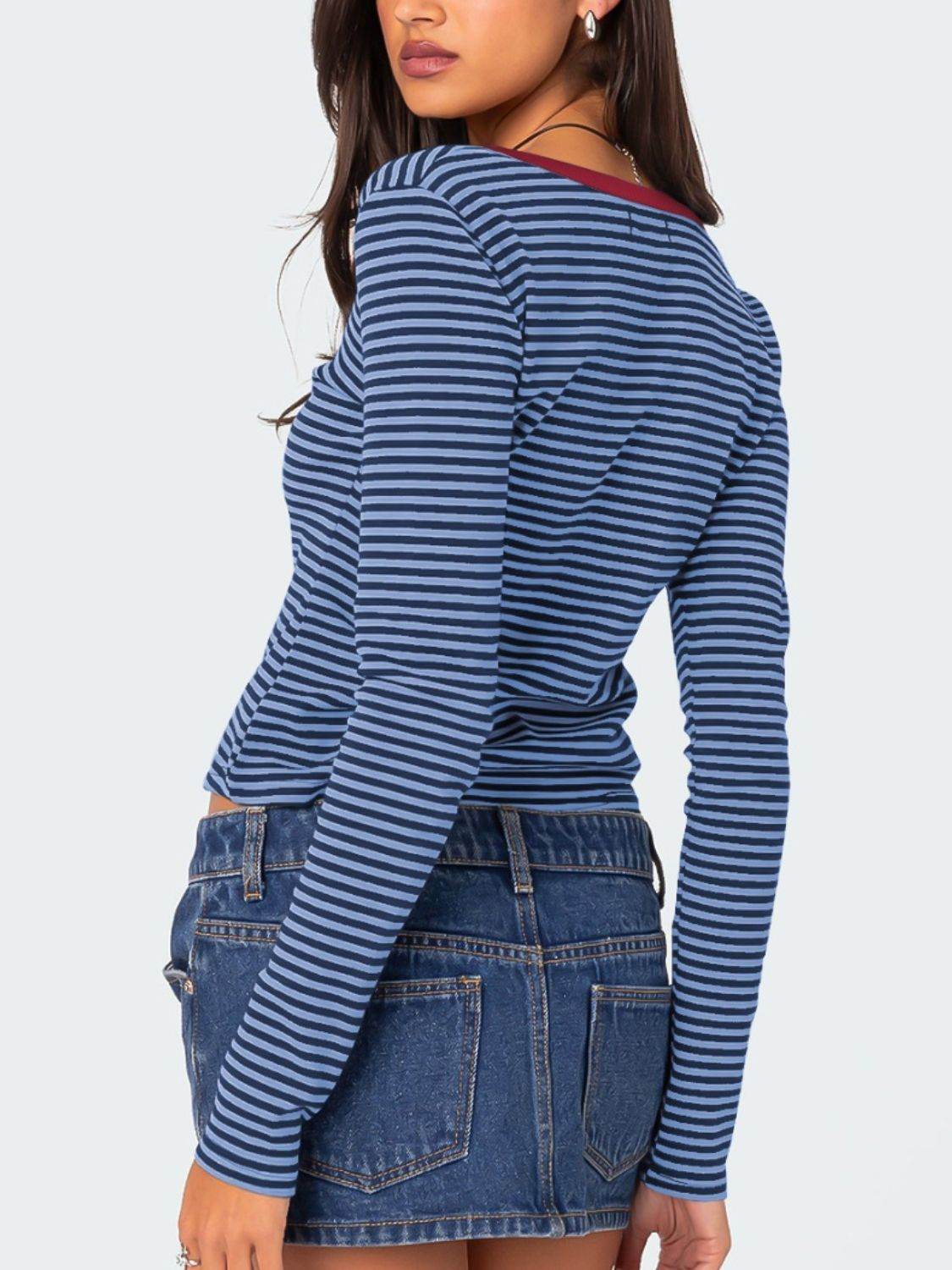 Buttoned Striped Long Sleeve T-Shirt for a perfect OOTD – dress to impress outfits from Amexza