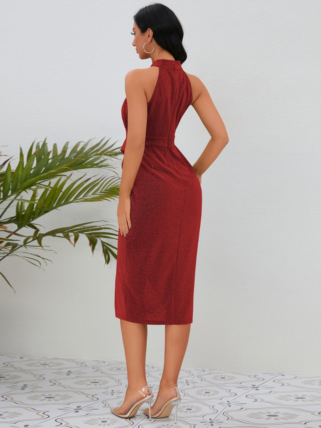 Slit Ruched Mock Neck Sleeveless Dress Burgundy for a perfect OOTD – dress to impress outfits from Amexza