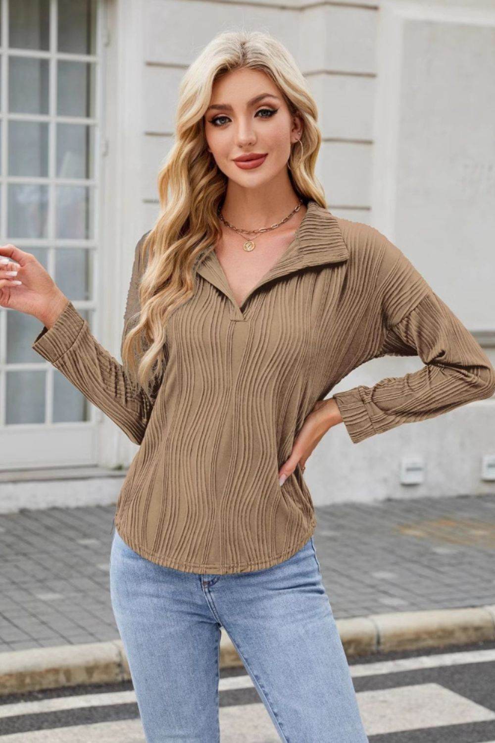 Texture Collared Neck Long Sleeve Blouse for a perfect OOTD – dress to impress outfits from Amexza