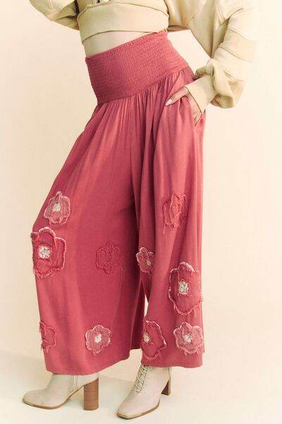 Davi & Dani Smocked Waist Flower Patch Wide Leg Pants - Amexza