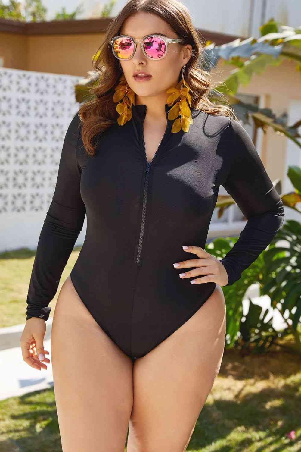 Zip Up Long Sleeve One-Piece Swimsuit Black for a perfect OOTD – dress to impress outfits from Amexza