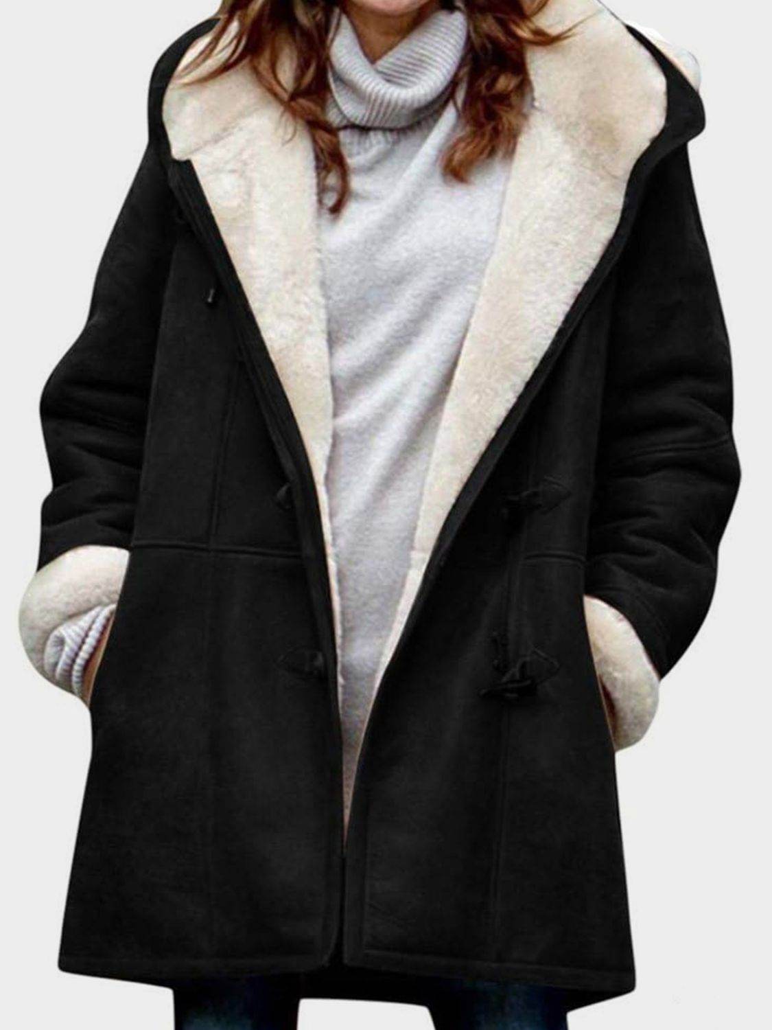 Full Size Pocketed Long Sleeve Hooded Toggle Jacket - Amexza