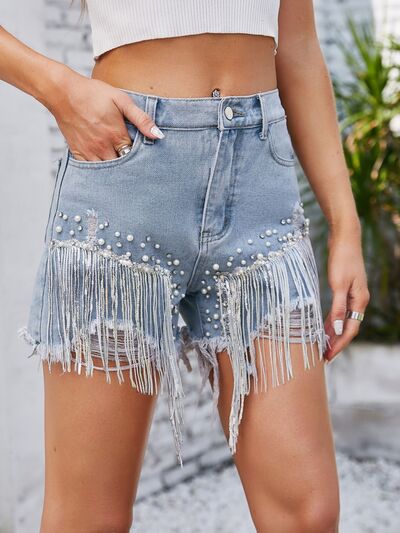 Distressed Pearl Trim Denim Shorts with Pockets for a perfect OOTD – dress to impress outfits from Amexza