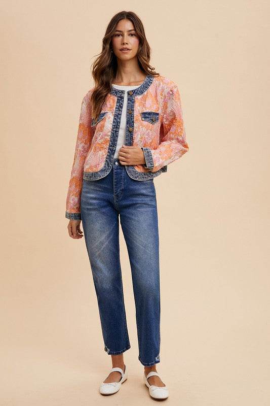 Annie Wear Floral Jacquard Denim Contrast Button Down Jacket for a perfect OOTD – dress to impress outfits from Amexza