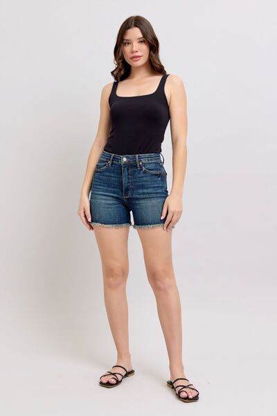 Judy Blue Tummy Control Fray Hem & Shield Back Pockets Denim Shorts for a perfect OOTD – dress to impress outfits from Amexza