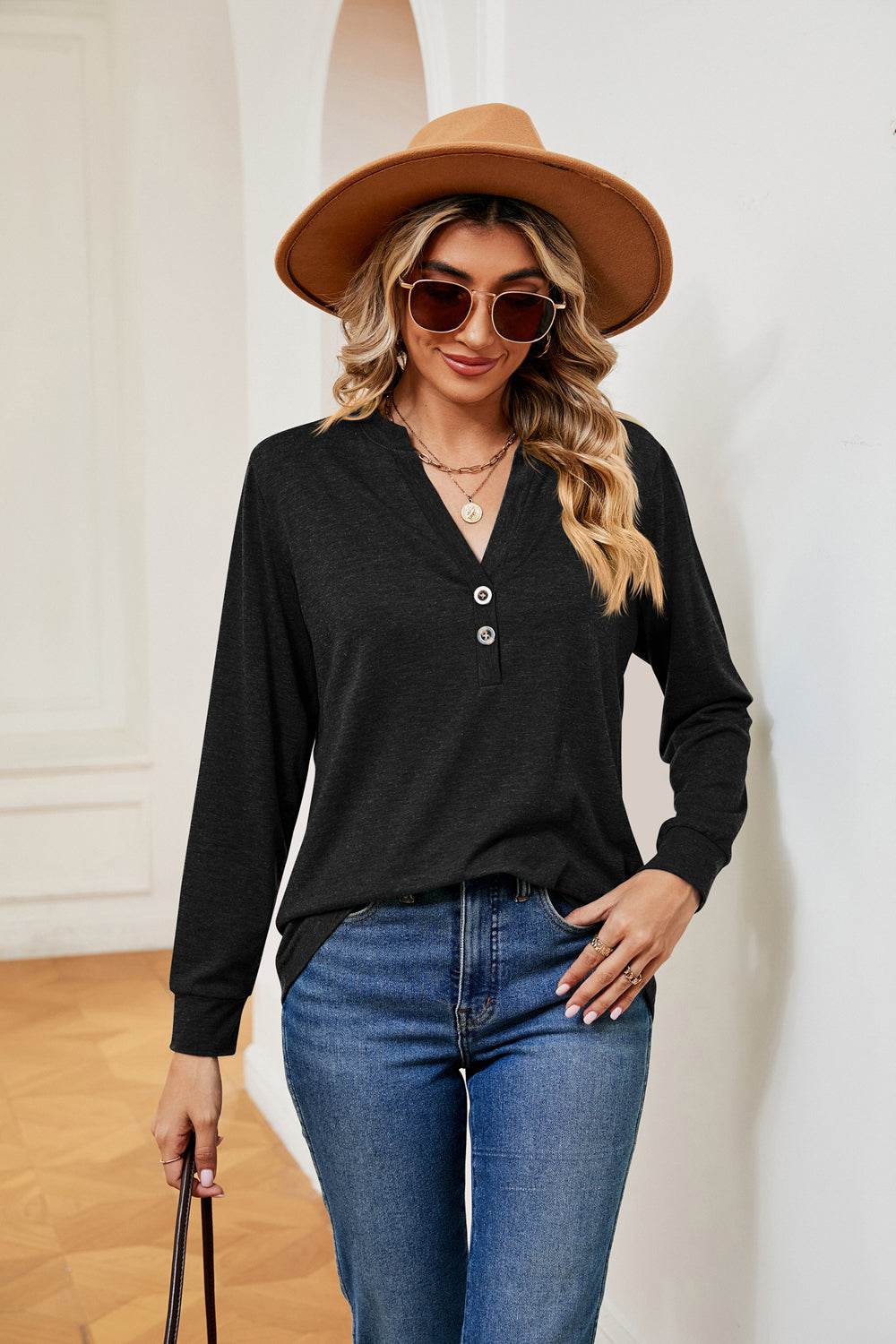 Buttoned Notched Neck Long Sleeve Top Black for a perfect OOTD – dress to impress outfits from Amexza