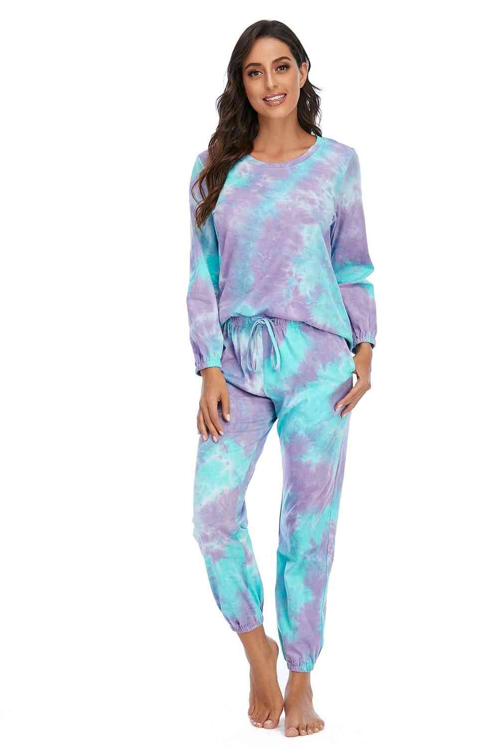 Tie-Dye Top and Drawstring Pants Lounge Set - Amexza