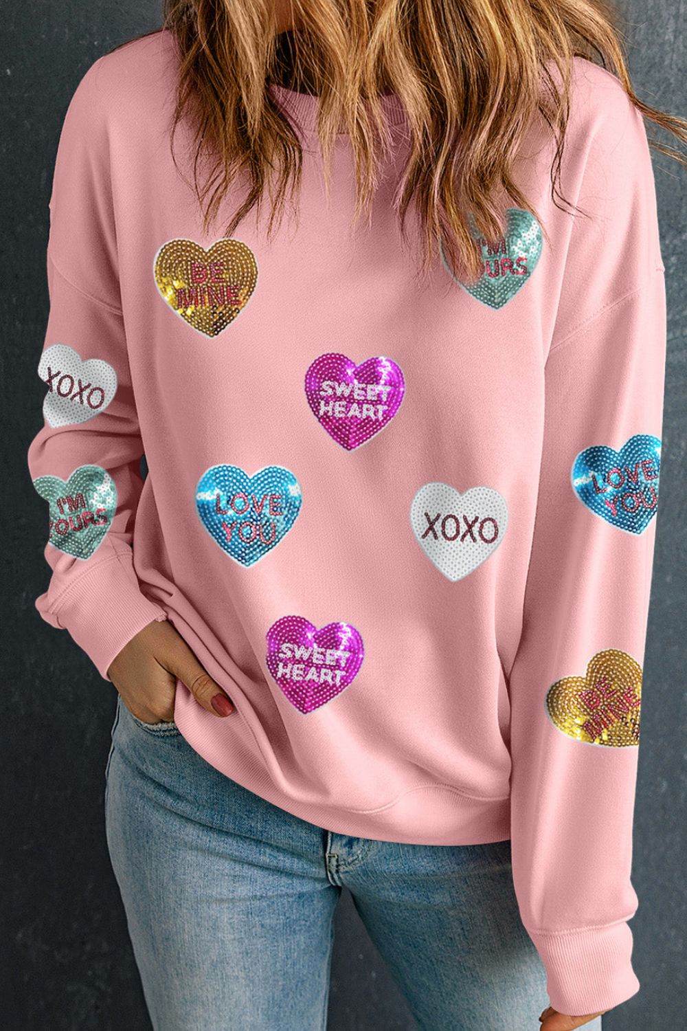 Valentine’s Day Sequin Heart Round Neck Long Sleeve Sweatshirt Blush Pink for a perfect OOTD – dress to impress outfits from Amexza