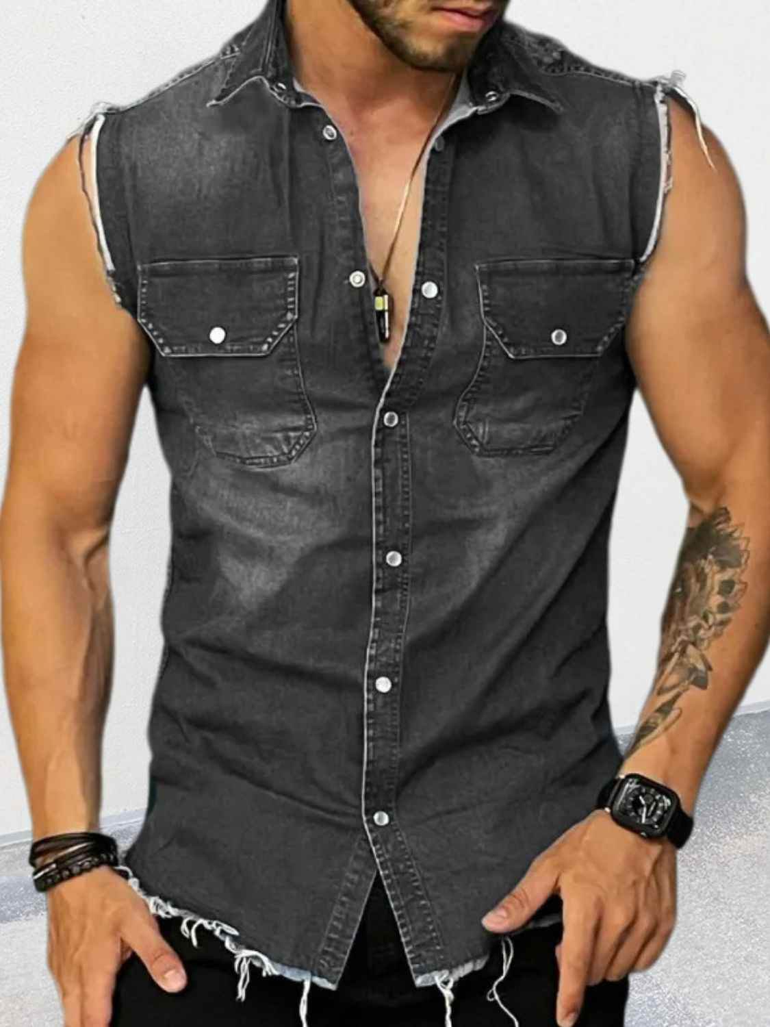 Men's Snap Down Sleeveless Denim Shirt Black for a perfect OOTD – dress to impress outfits from Amexza